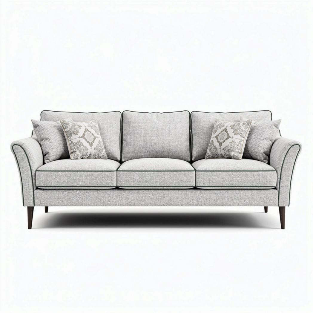 Gray upholstered sofa with removable cushions and decorative pillows 203 x 89 x 91cm