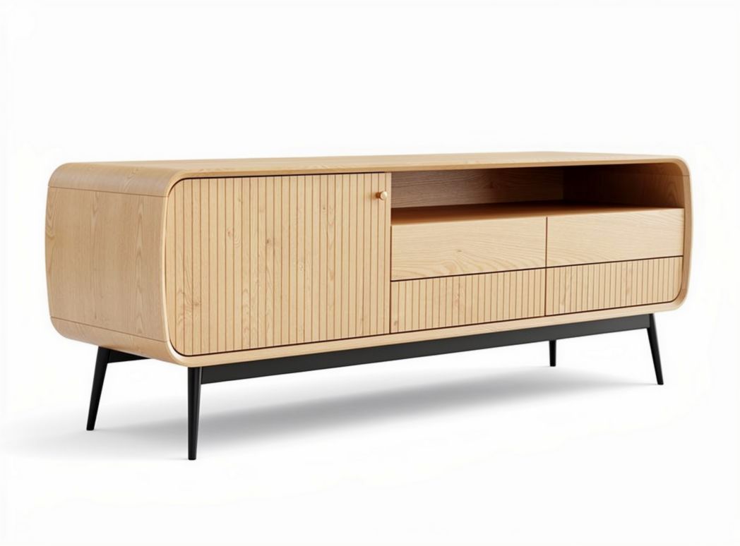 Wooden TV stand with sliding doors and drawers in natural finish 150 x 40 x 60cm