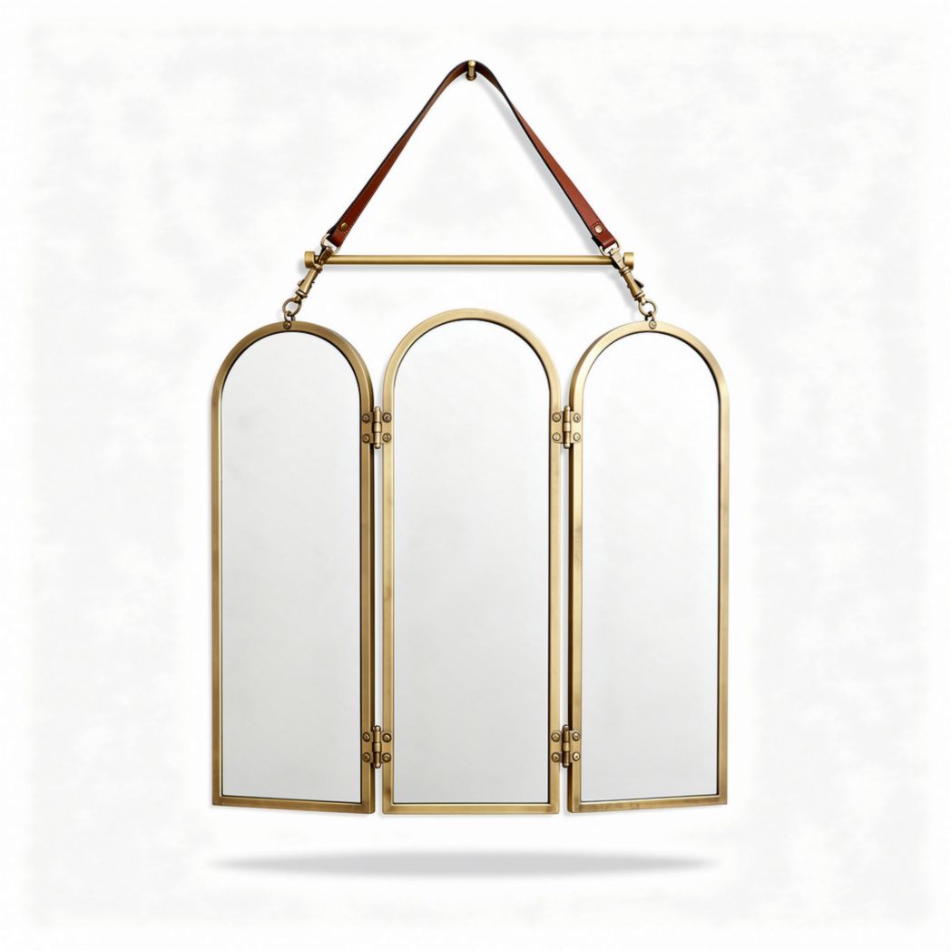 Tri-fold mirror with brass frame and leather strap for wall hanging 80 x 60 x 3cm