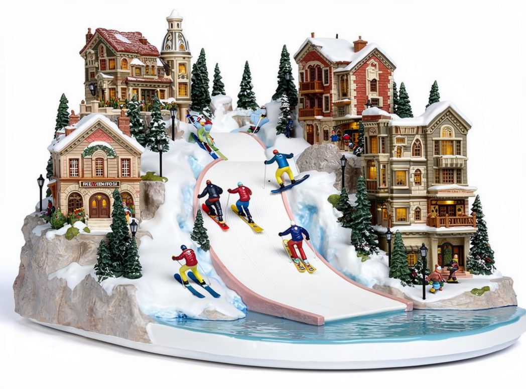 Ski resort decorative village scene with skiers and illuminated buildings