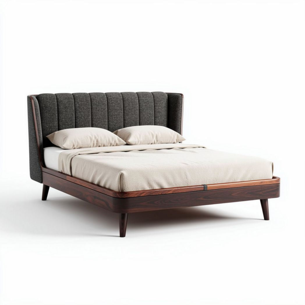 Upholstered bed frame with walnut finish and dimensions 200 x 160 x 100cm
